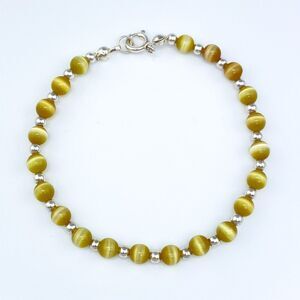 New Women's Sterling Silver 925 Gold Synthetic Cat's Eye Beaded Bracelet 7.25"